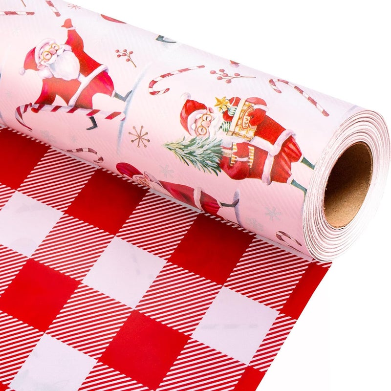 Retrify Santa Claus Christmas Wrapping Paper - Cute Snowman Candy Cane Plaid Pattern Girly Pink Gift Wrap Paper for Holiday Shower Party Celebration - 17 Inch x 32.8 Feet Mini Roll - Image 1